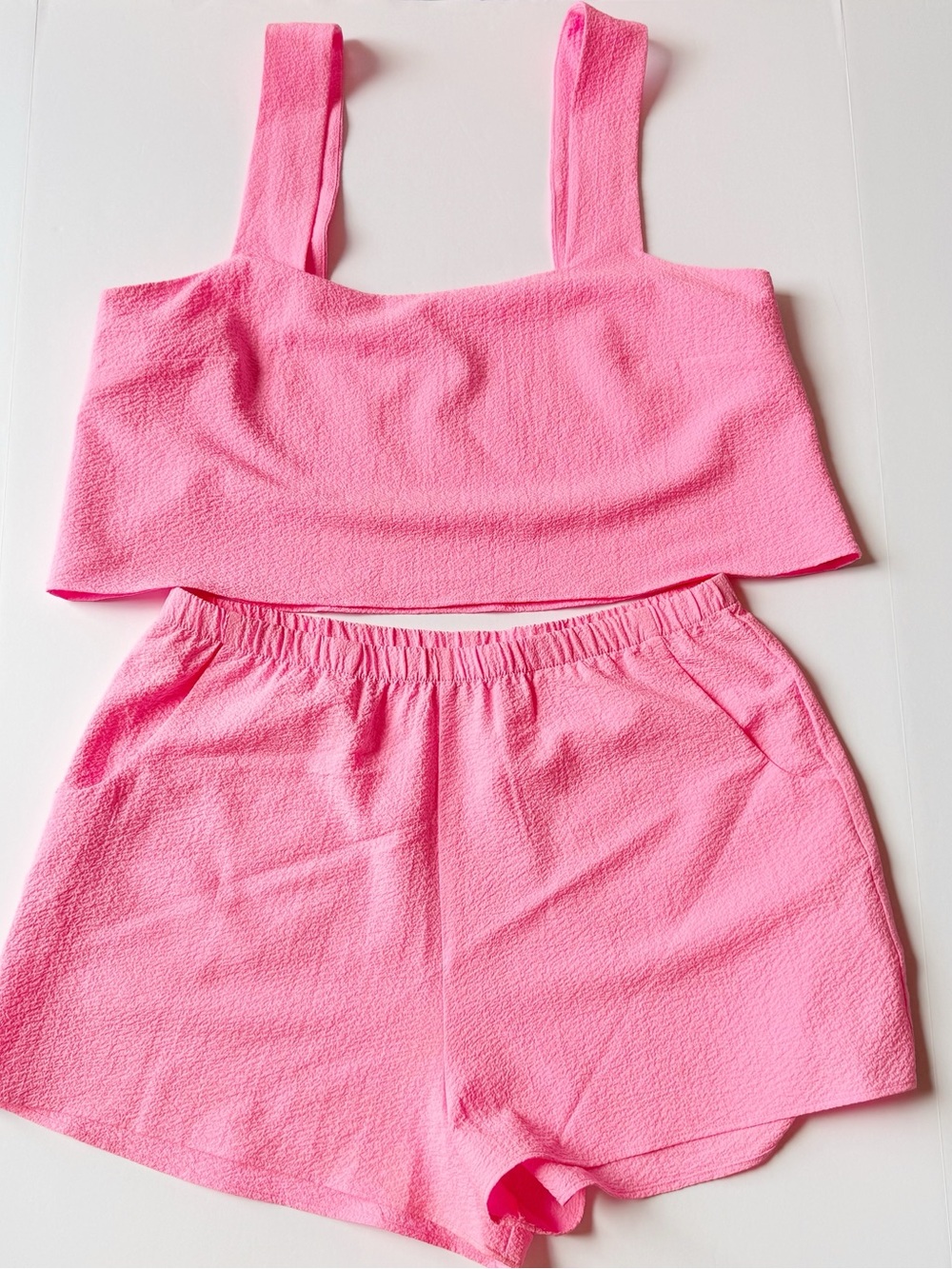 Show Me Your MuMu Tara Crop Top and Cabana Shorts Textured Set Neon Pink Large